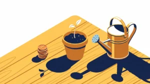 Monedas de cobre junto a una planta brotando representan el presupuesto mínimo necesario para empezar en Google Ads