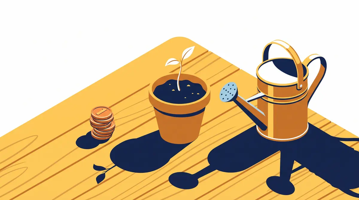 Monedas de cobre junto a una planta brotando representan el presupuesto mínimo necesario para empezar en Google Ads