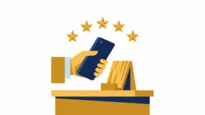 Cliente acercando el móvil a un expositor en el mostrador para dejar una reseña, con estrellas doradas que representan la valoración